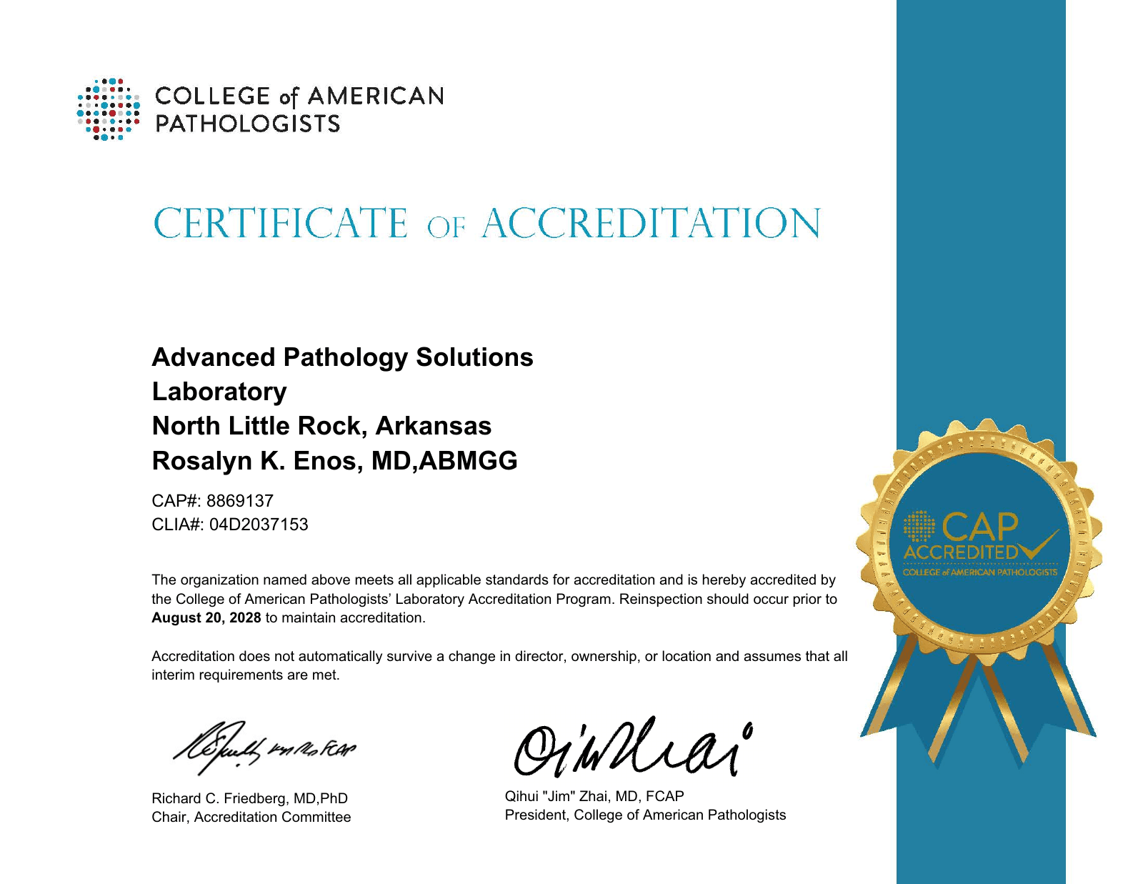 CAP Certificate of Accreditation for Advanced Pathology Solutions Laboratory, CAP number 8869137