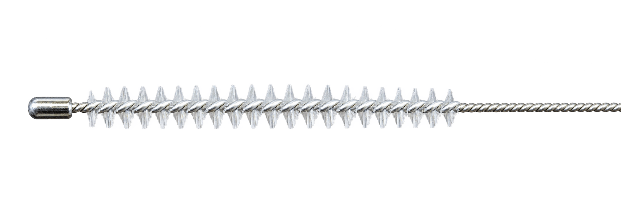 Gastro Detect sampling brush, with fine white bristles and a rounded silver tip